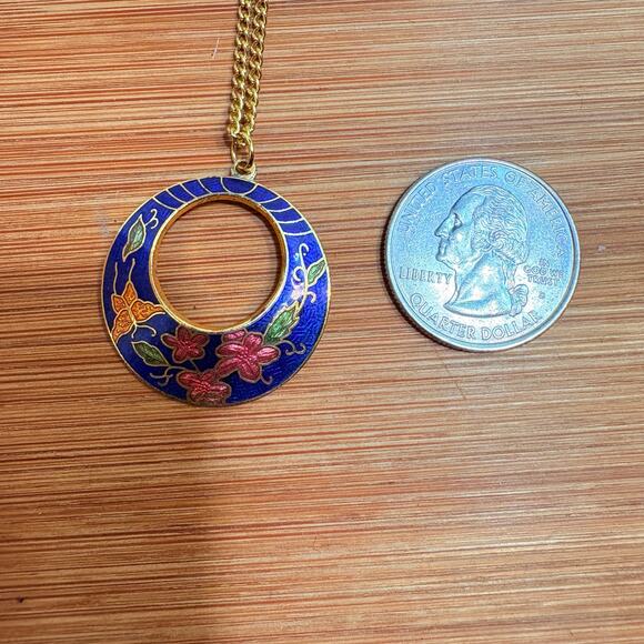 Gold Tone Floral Butterfly Pendant Necklace Enamel Vintage Retro 80s 24" - Picture 8 of 8